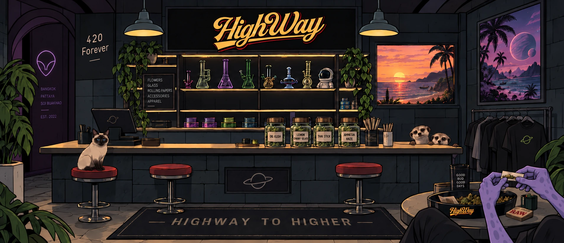 HighWay 海边小店：紫色外星人霓虹灯、坐在吧凳上的猫、品牌货架和探头的狐獴